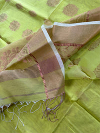 SHOBUJ SWAPNO - Parrot green cotton silk saree with zari work comes with blouse piece.
