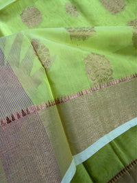 SHOBUJ SWAPNO - Parrot green cotton silk saree with zari work comes with blouse piece.
