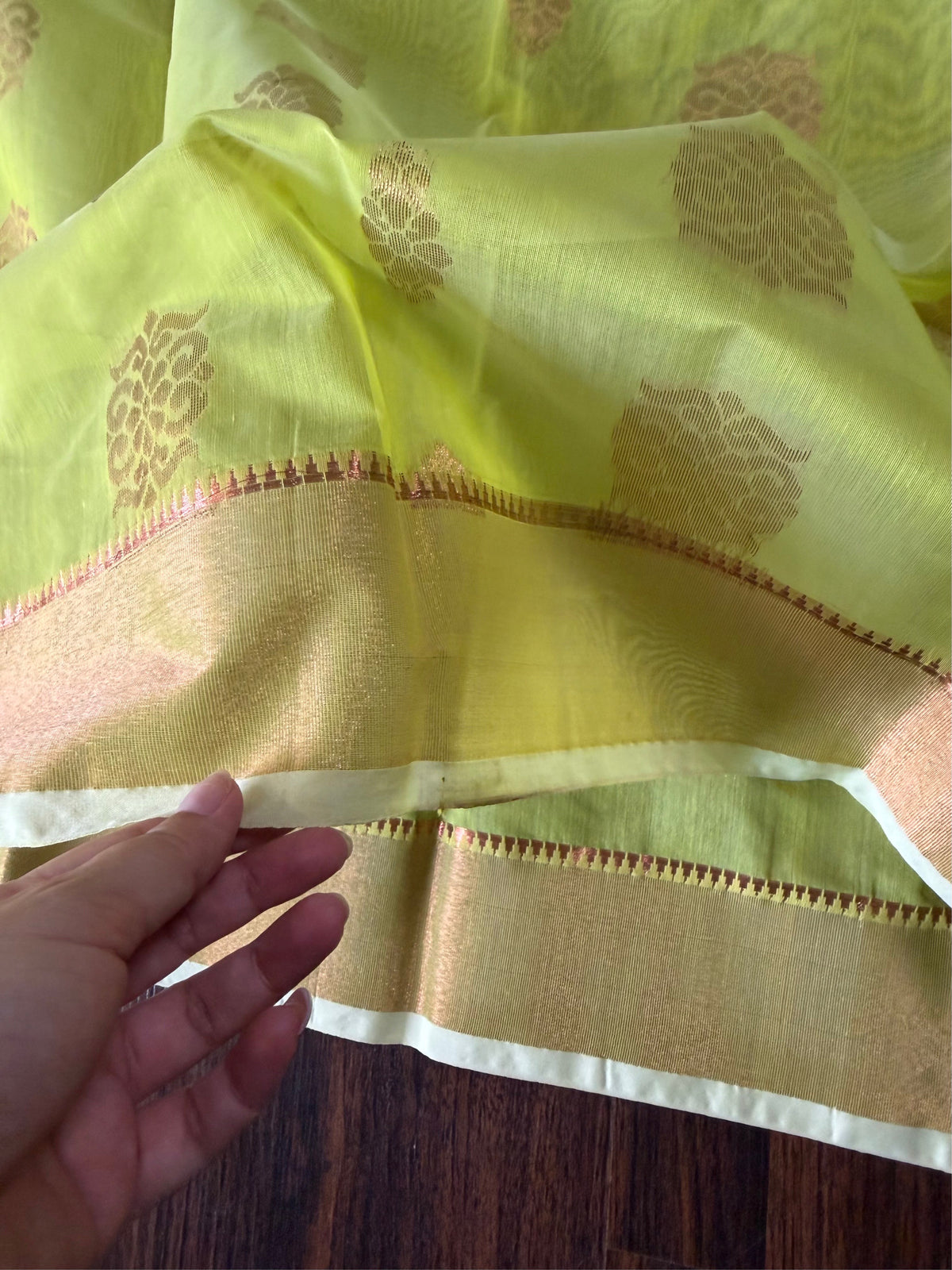 SHOBUJ SWAPNO - Parrot green cotton silk saree with zari work comes with blouse piece.