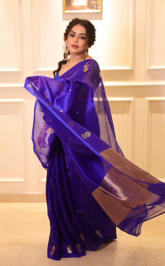 SAPPHIRE KORA- Deep royal blue / violet blue base comes with blouse piece