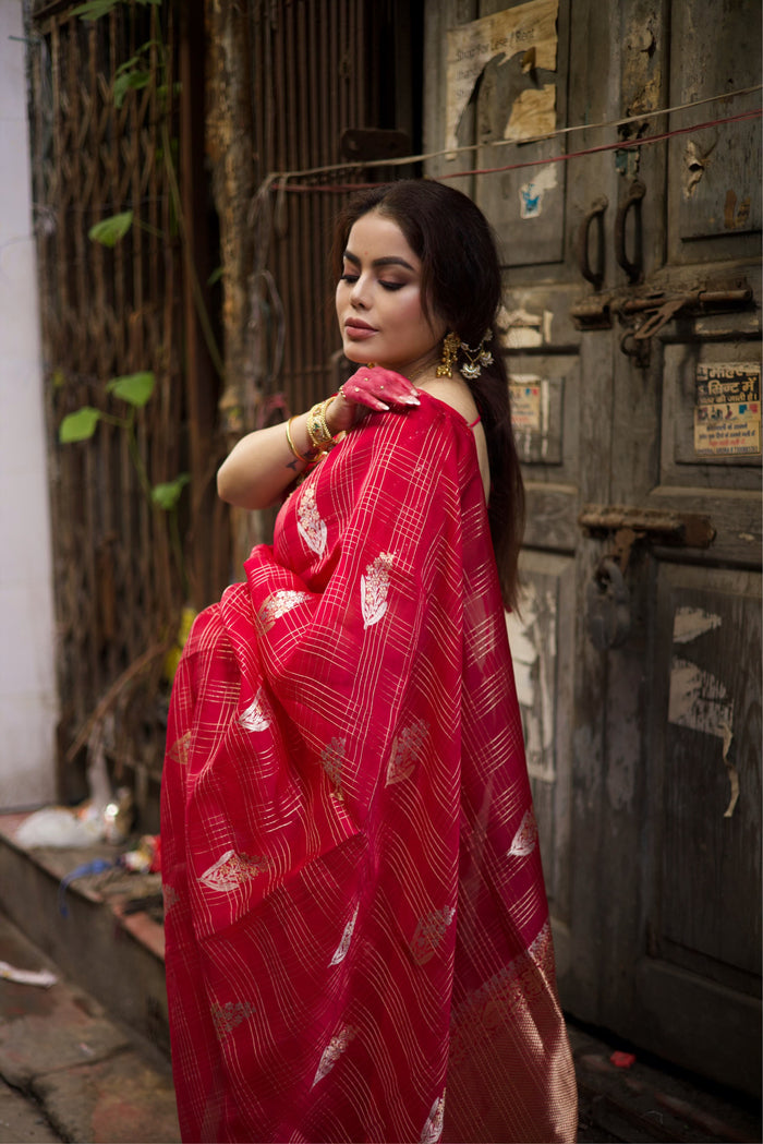 RED CRIMSON ZARI - Deep Red with pink undertone check gold zari work comes with blouse piece