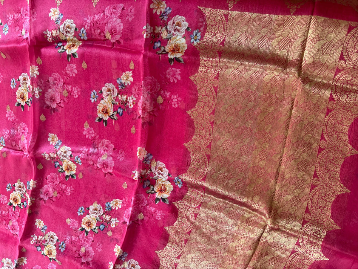 GULAB RANG - Pink digital print with gold zari work comes with blouse piece