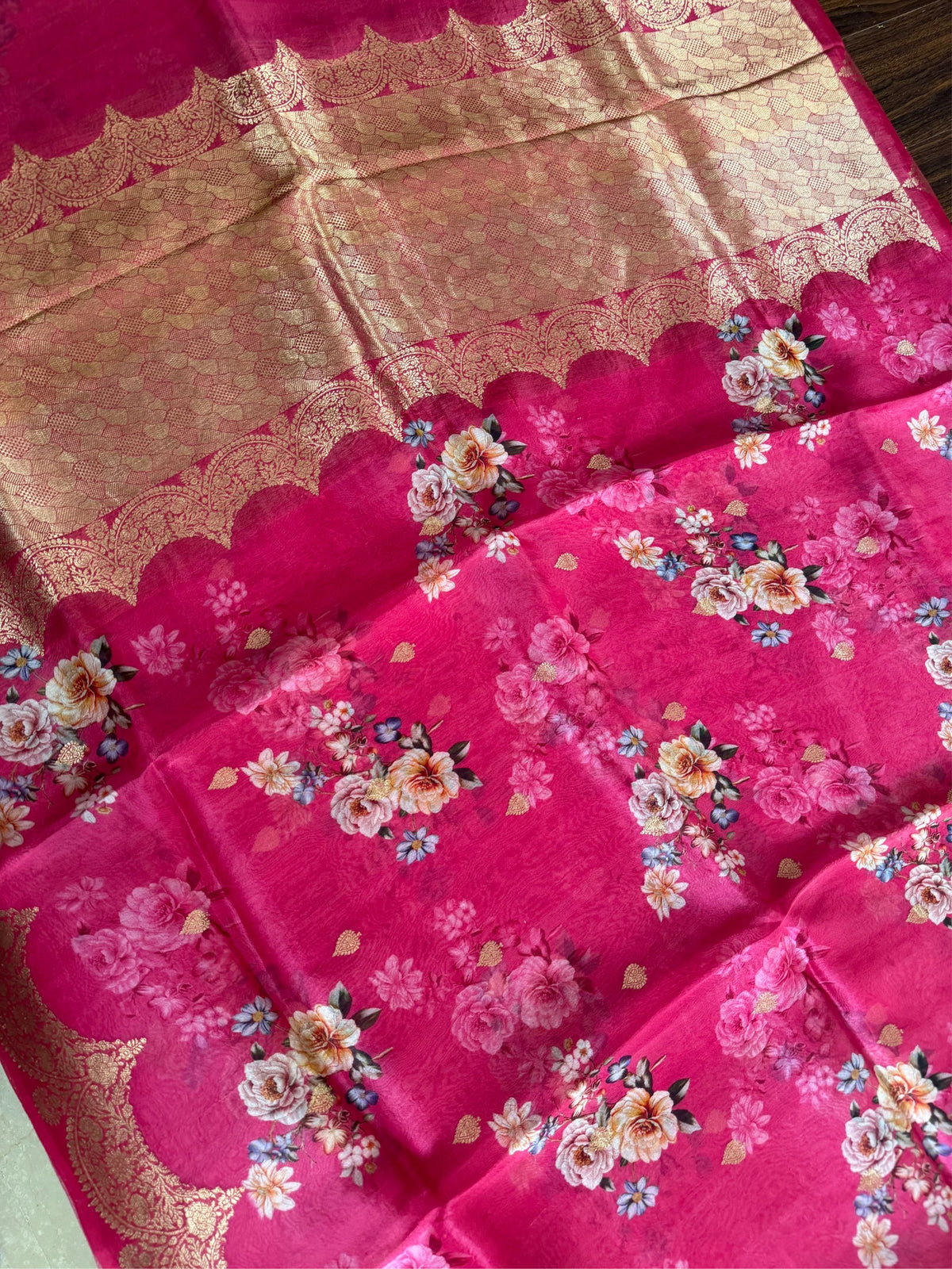 GULAB RANG - Pink digital print with gold zari work comes with blouse piece