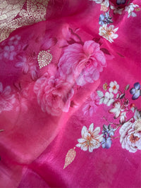 GULAB RANG - Pink digital print with gold zari work comes with blouse piece
