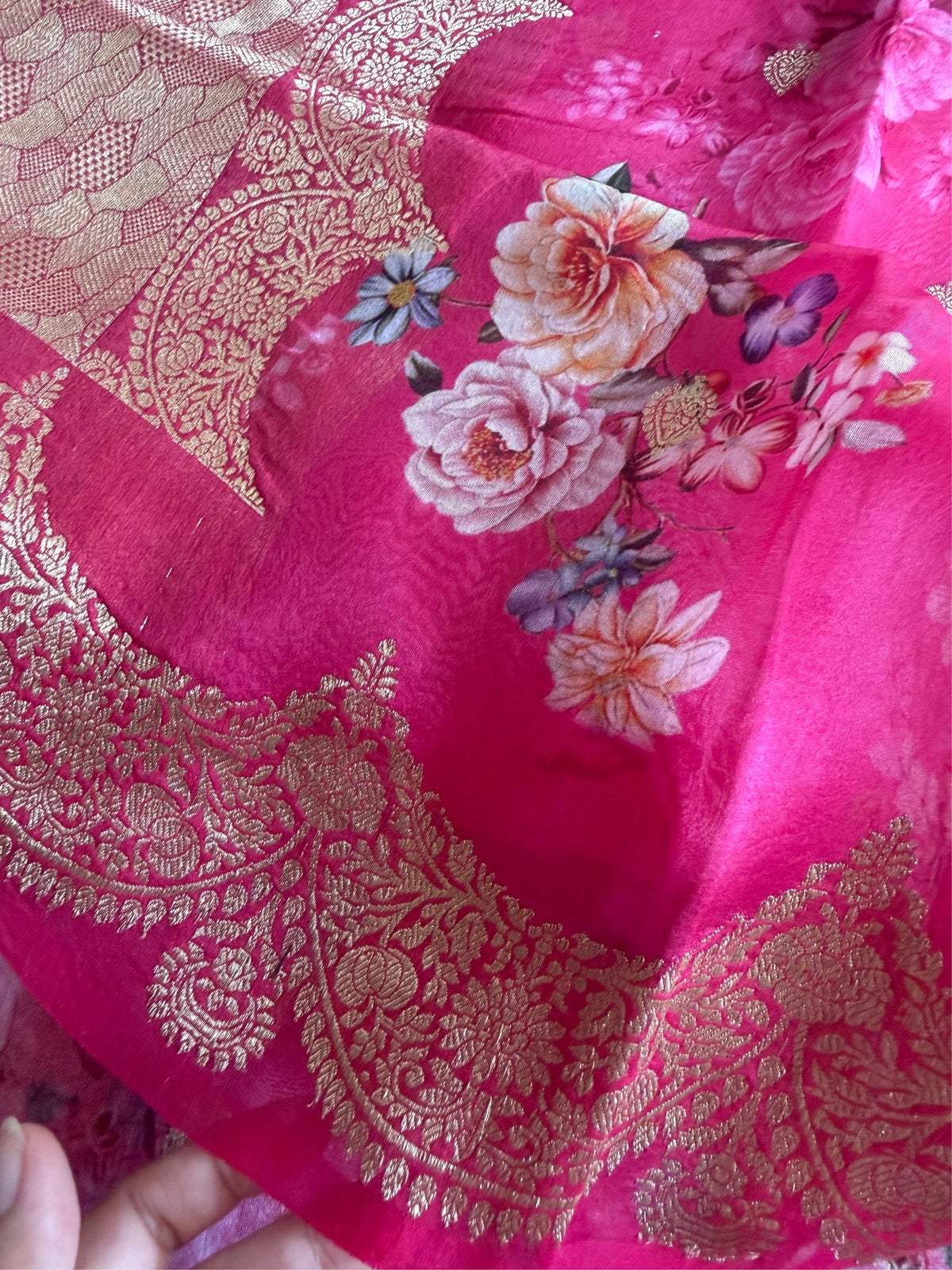 GULAB RANG - Pink digital print with gold zari work comes with blouse piece