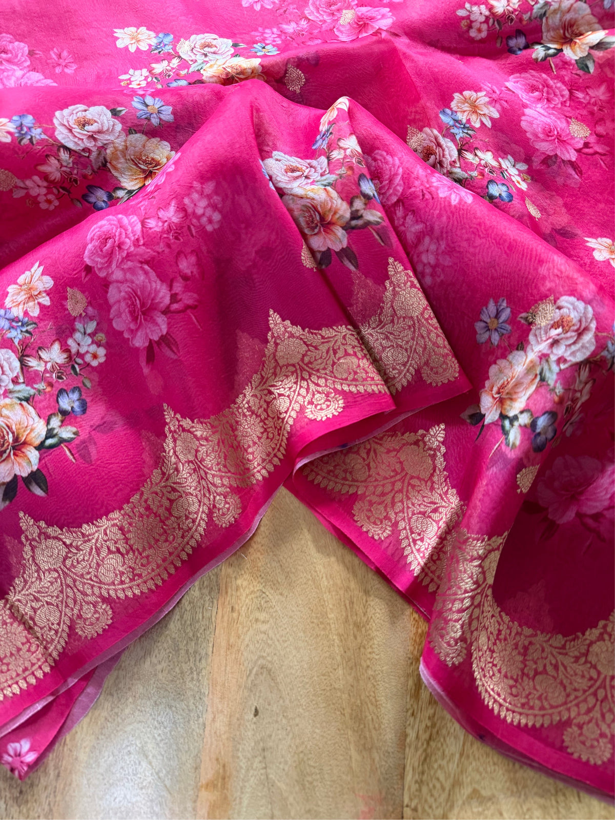 GULAB RANG - Pink digital print with gold zari work comes with blouse piece