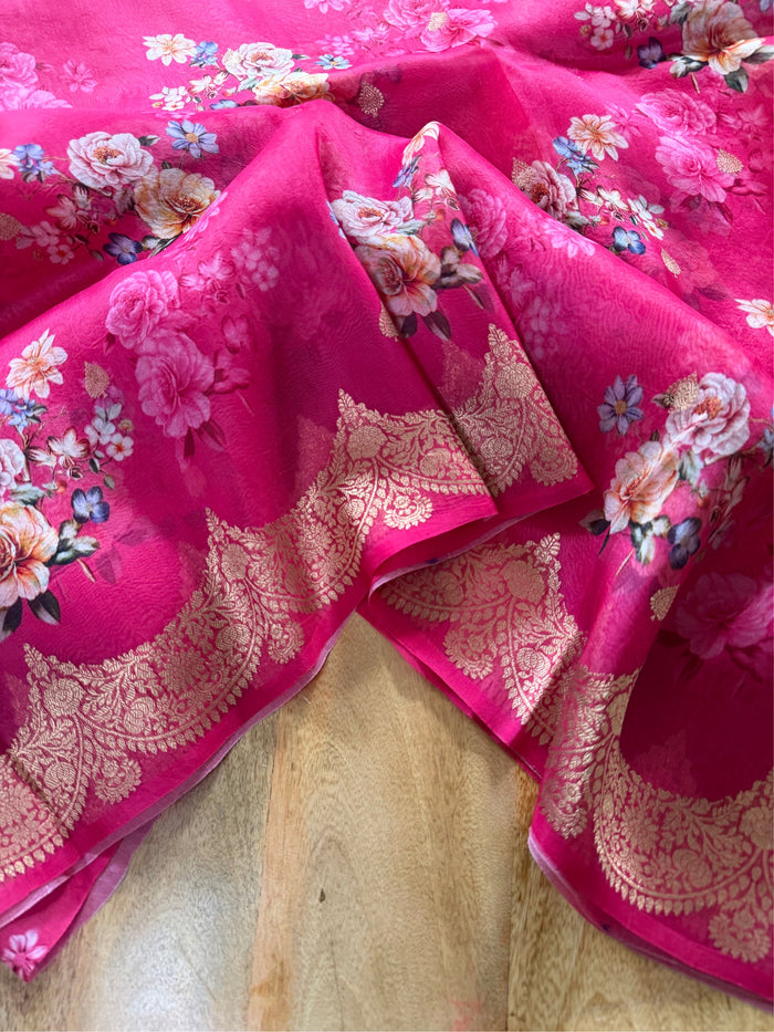 GULAB RANG - Pink digital print with gold zari work comes with blouse piece