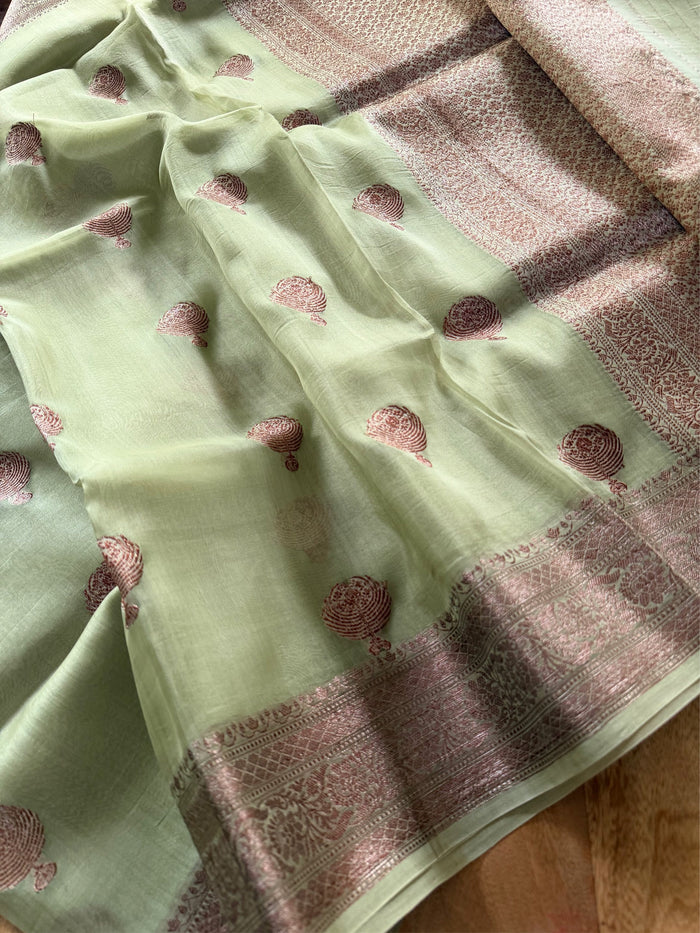 MINT HERITAGE - Pista green with antique gold zari work comes with blouse piece