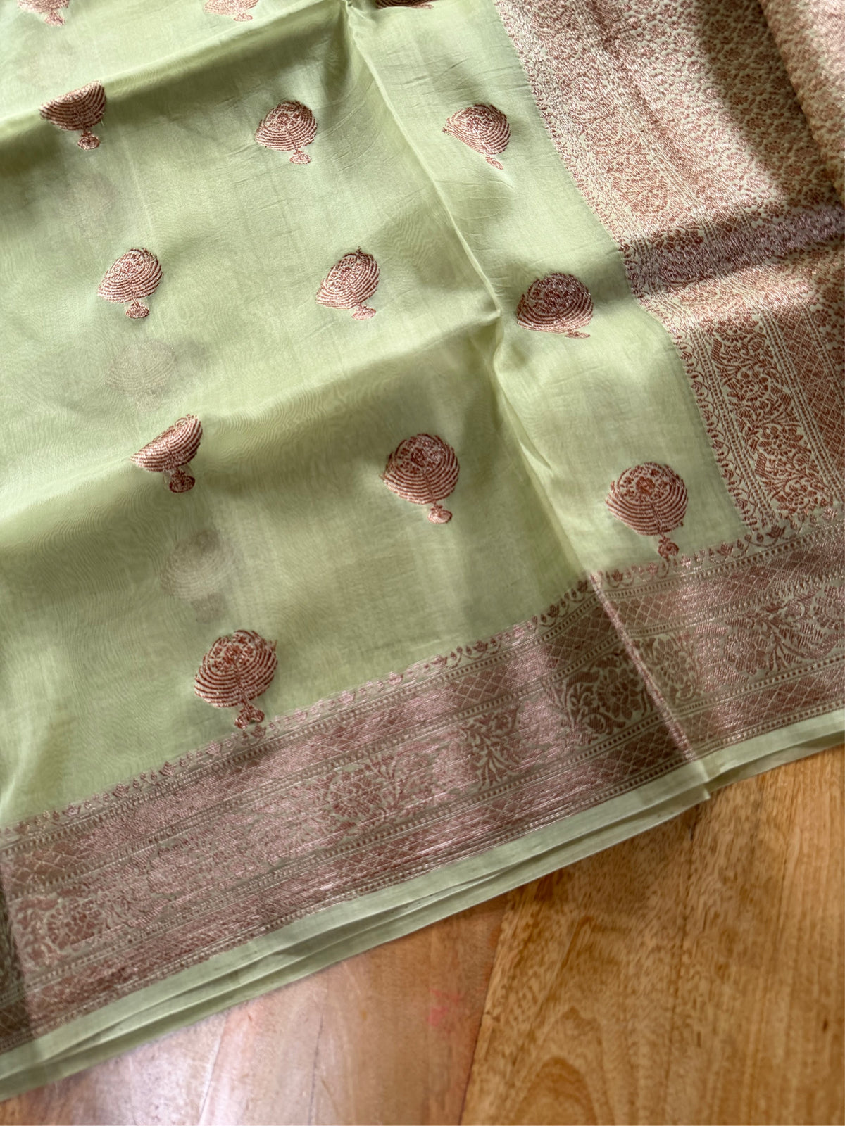 MINT HERITAGE - Pista green with antique gold zari work comes with blouse piece