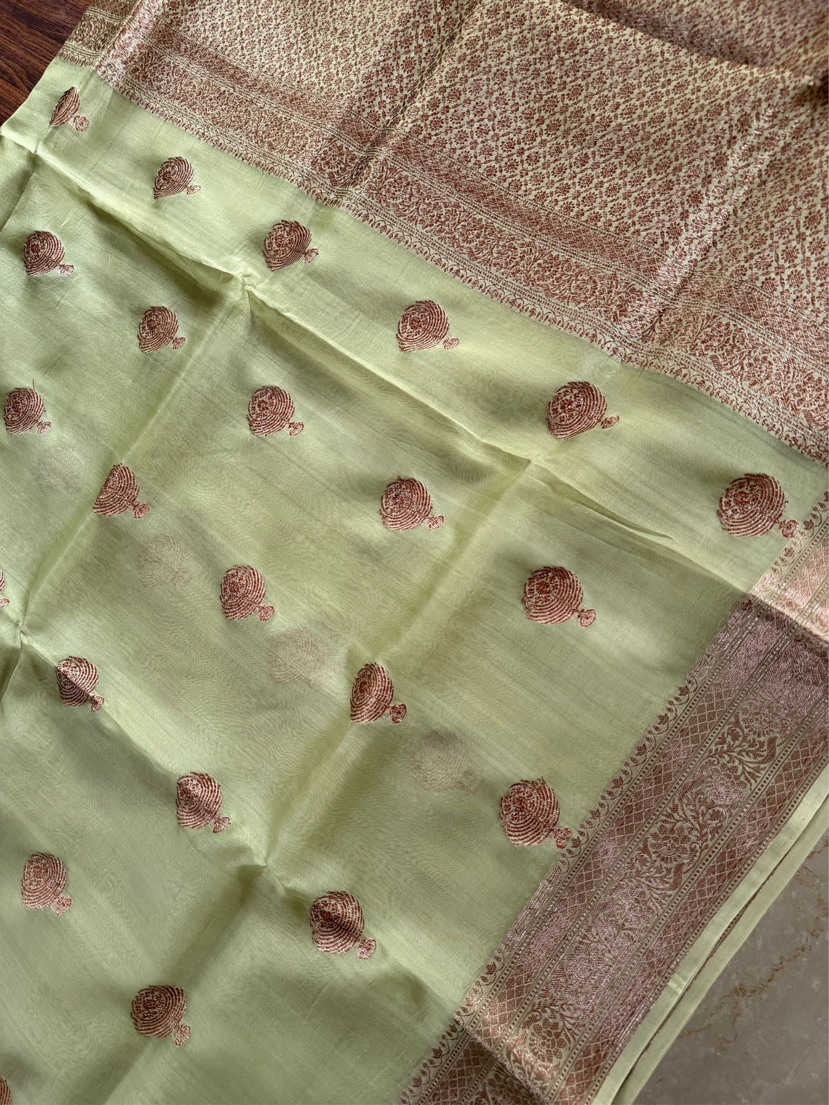 MINT HERITAGE - Pista green with antique gold zari work comes with blouse piece