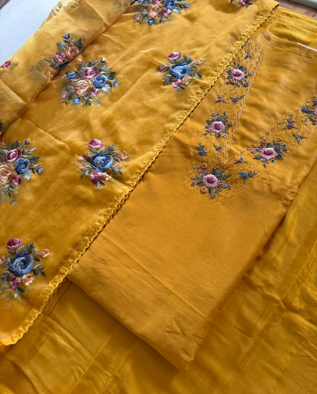 Sunlit Yellow Mul Chanderi-3 Piece Suit Set