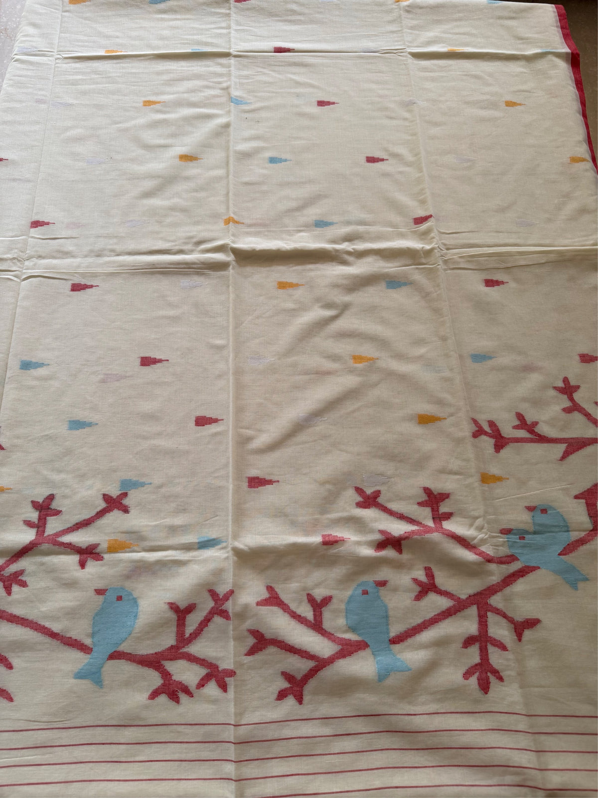 WHITE RED SOFT COTTON- Comes with blouse piece