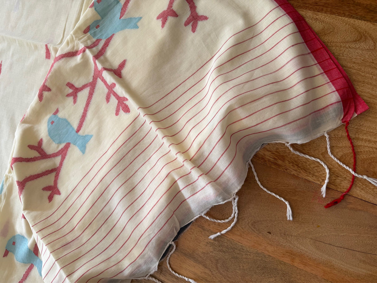 WHITE RED SOFT COTTON- Comes with blouse piece