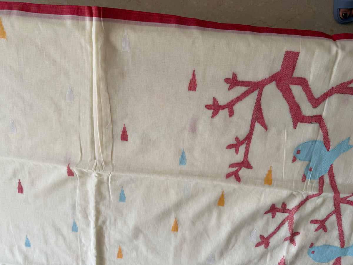 WHITE RED SOFT COTTON- Comes with blouse piece
