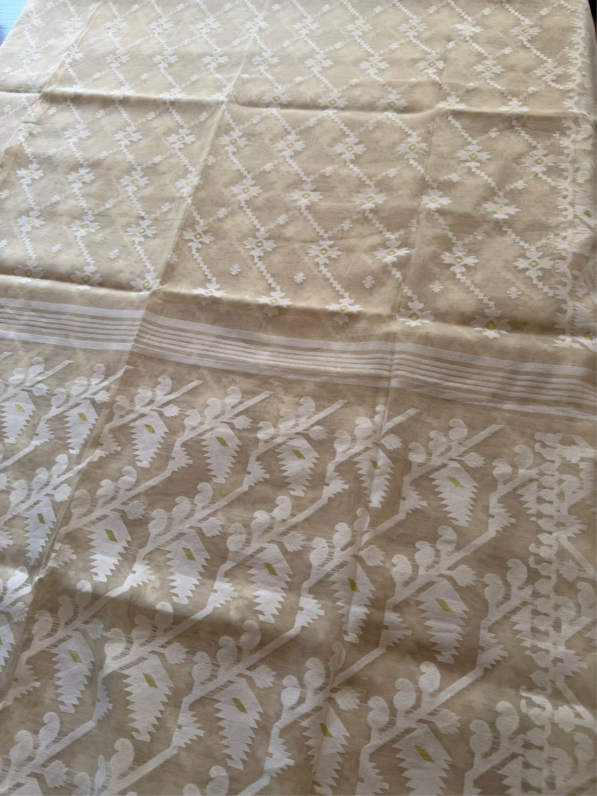 SHUVRO - Creamish white cotton jamdani saree comes with blouse piece