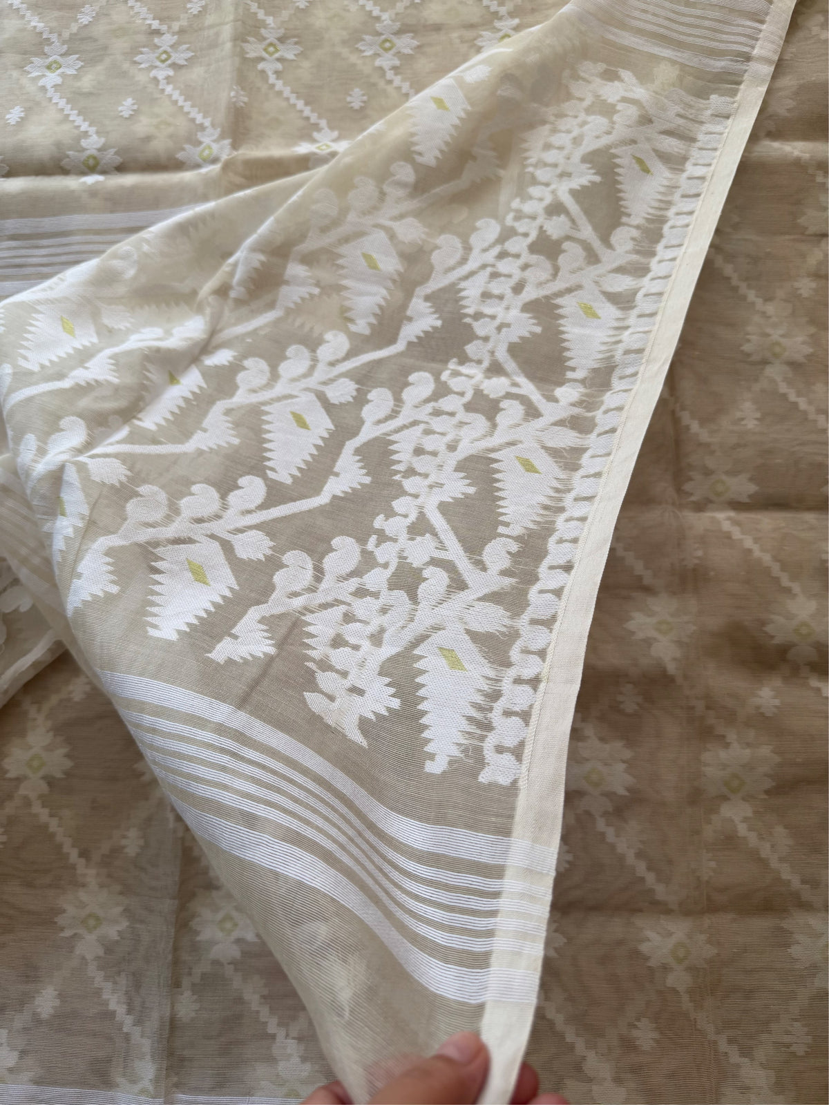 SHUVRO - Creamish white cotton jamdani saree comes with blouse piece