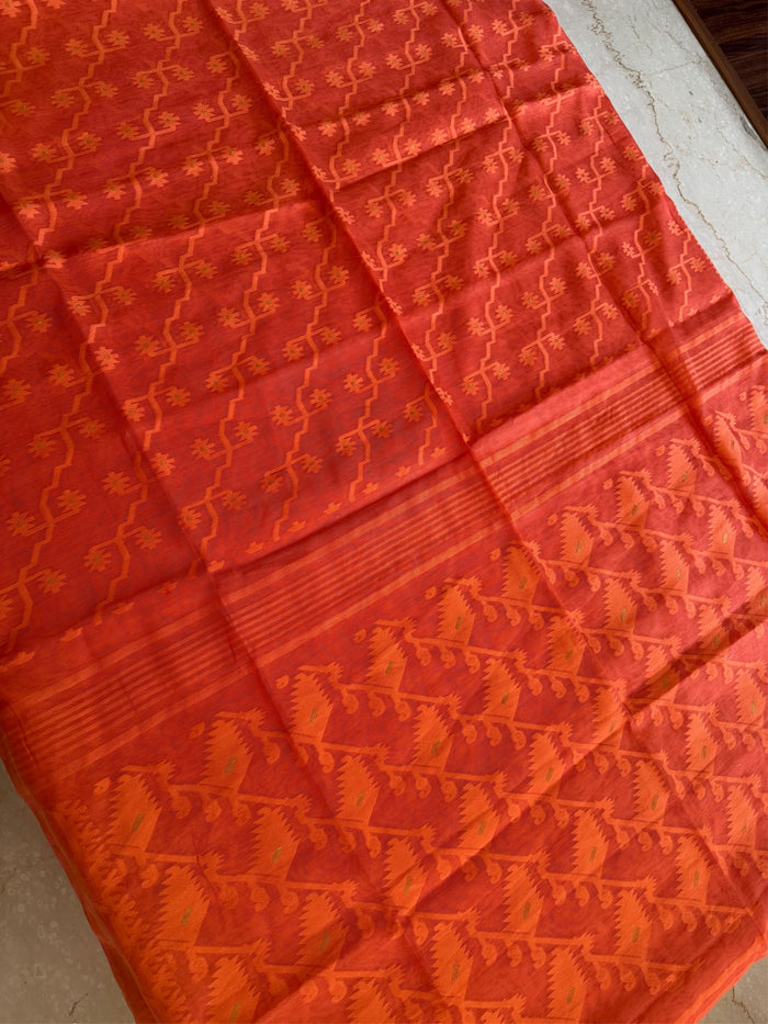 JOBA - Orange cotton jamdani saree comes with blouse piece