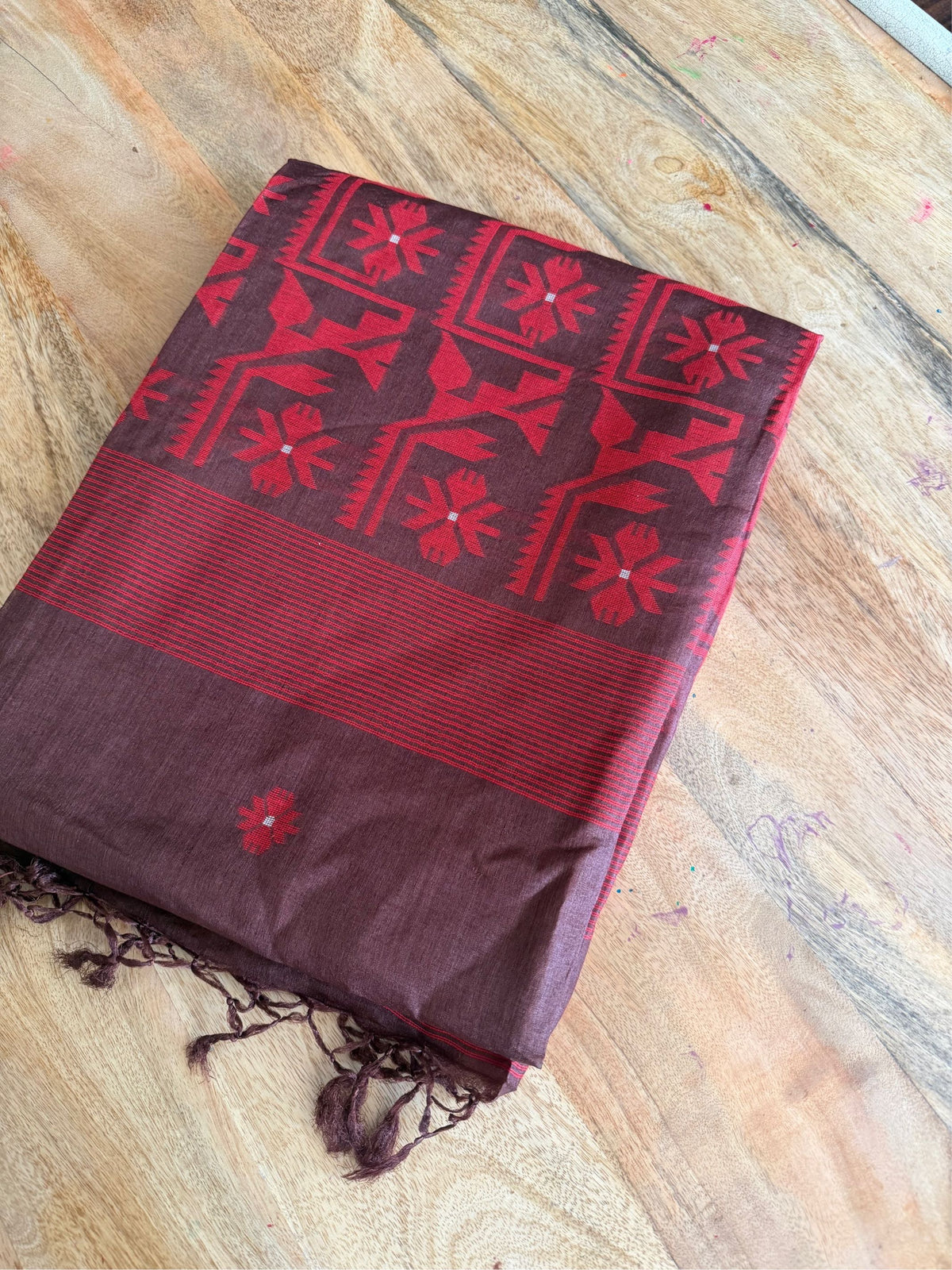 SINDOOR SHEEN - Brown Red tussar saree comes with blouse piece