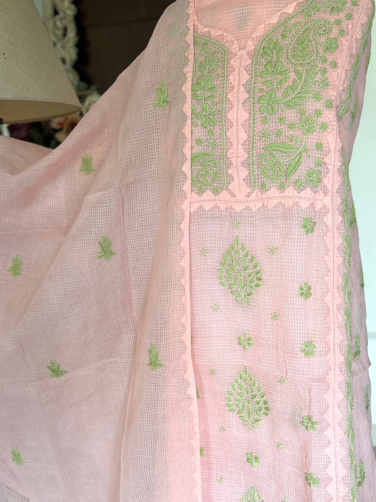 Meher Peach Green Kota Cotton-2 Piece Suit Set