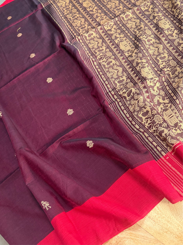 KUMKUM  - Mehroon  cotton saree comes with blouse piece
