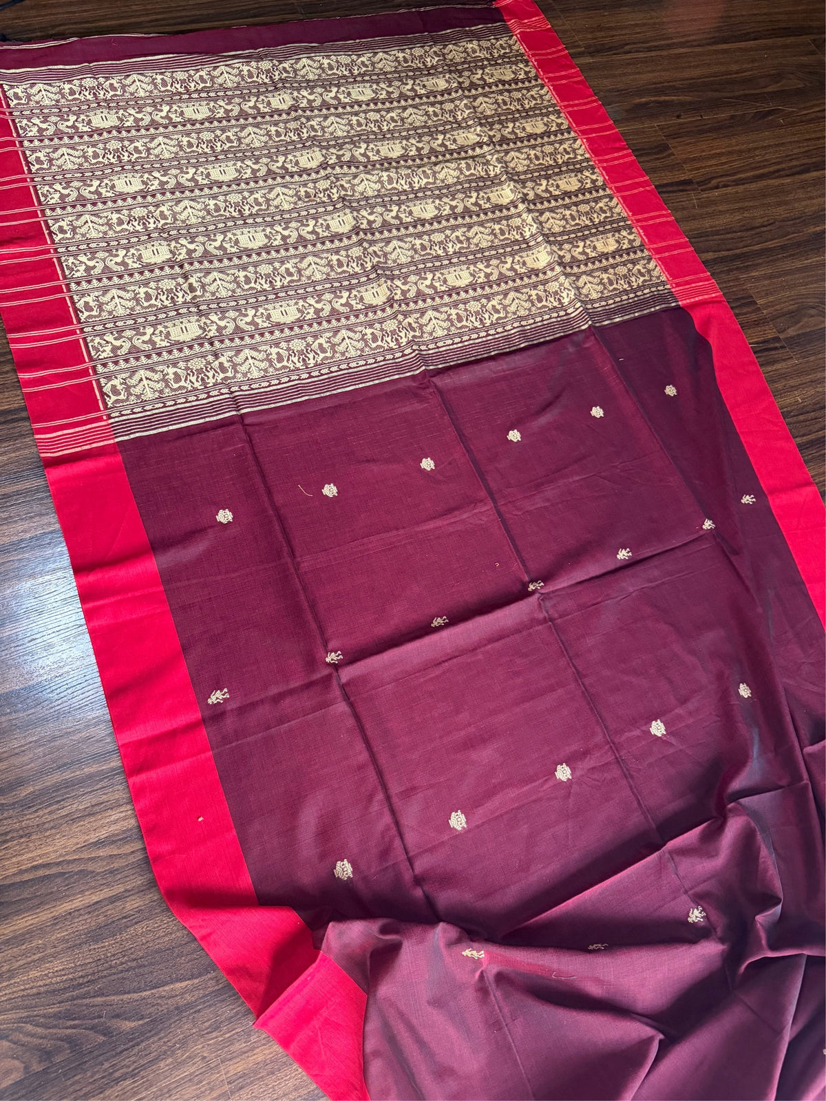 KUMKUM  - Mehroon  cotton saree comes with blouse piece