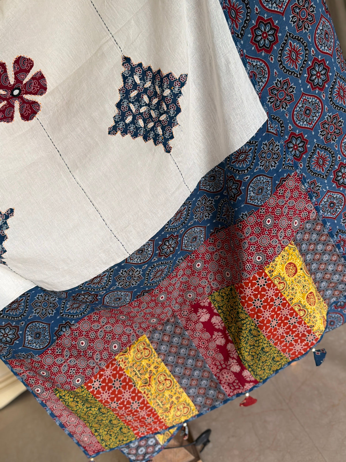 Abhira Blue White Patchwork-3 Piece Suit Set