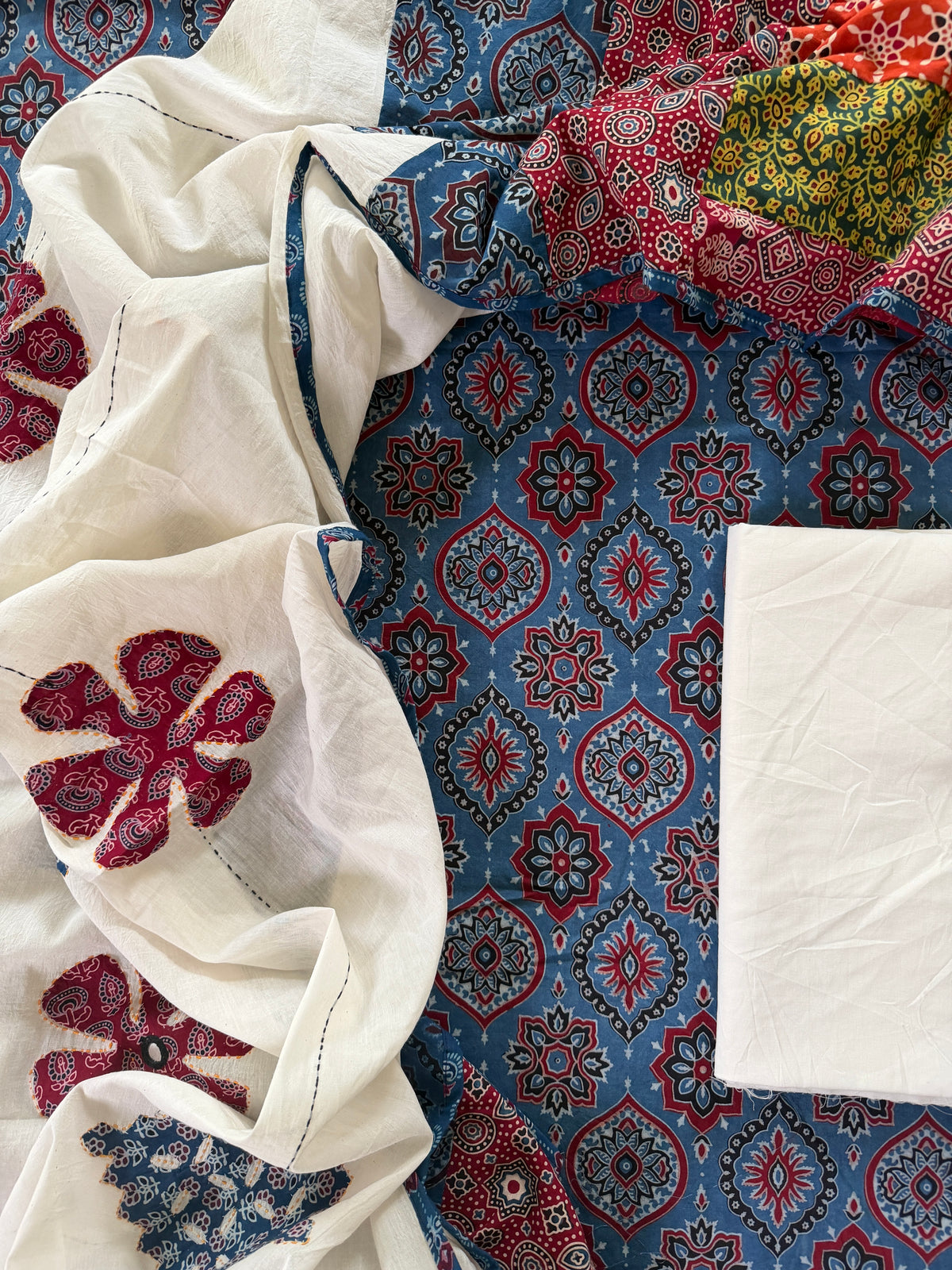 Abhira Blue White Patchwork-3 Piece Suit Set