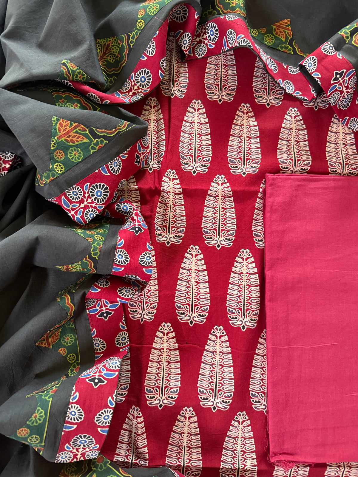 Abhira Red Patchwork-3 Piece Suit Set
