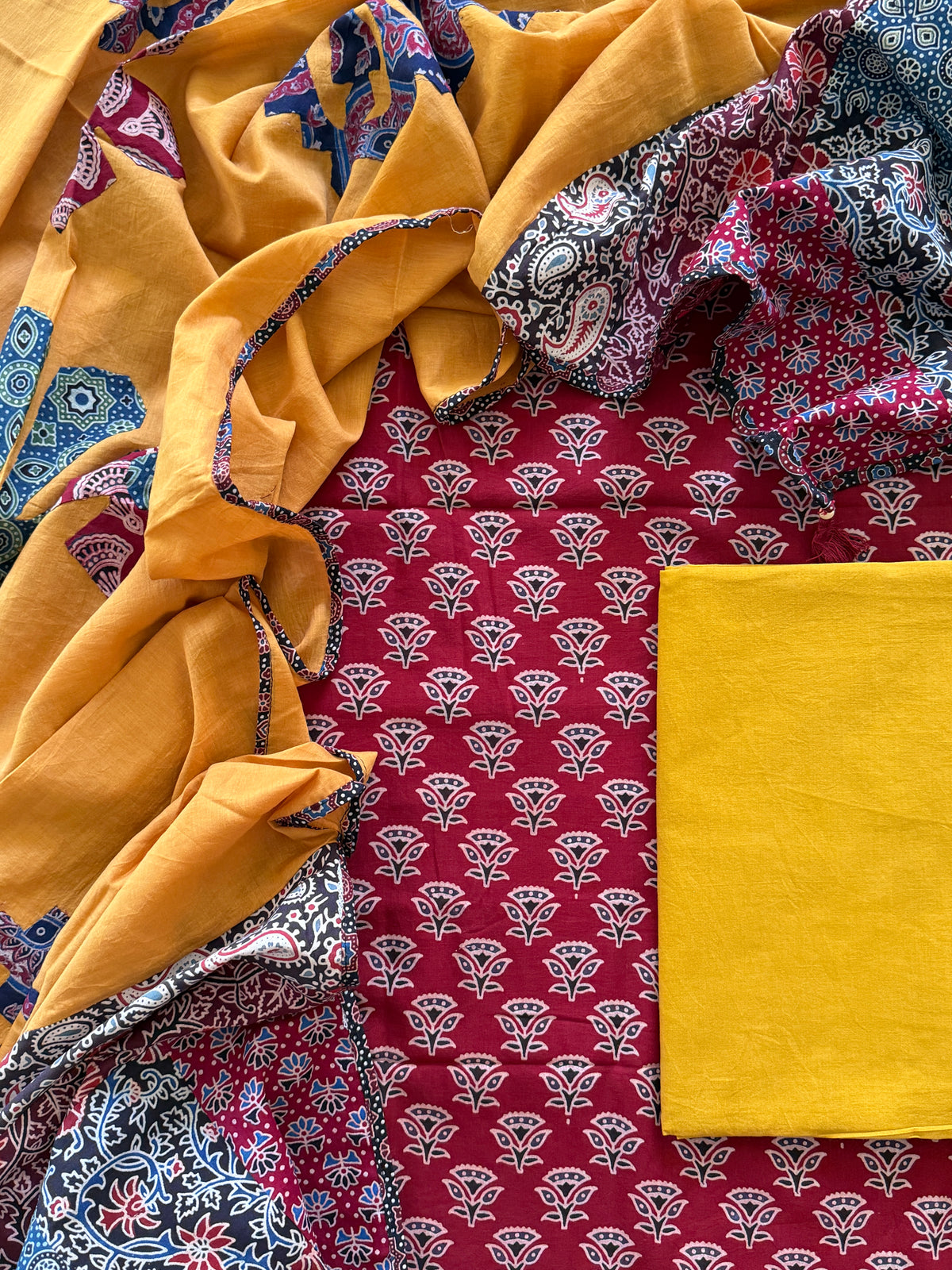Abhira Red Yellow 2 Patchwork-3 Piece Suit set