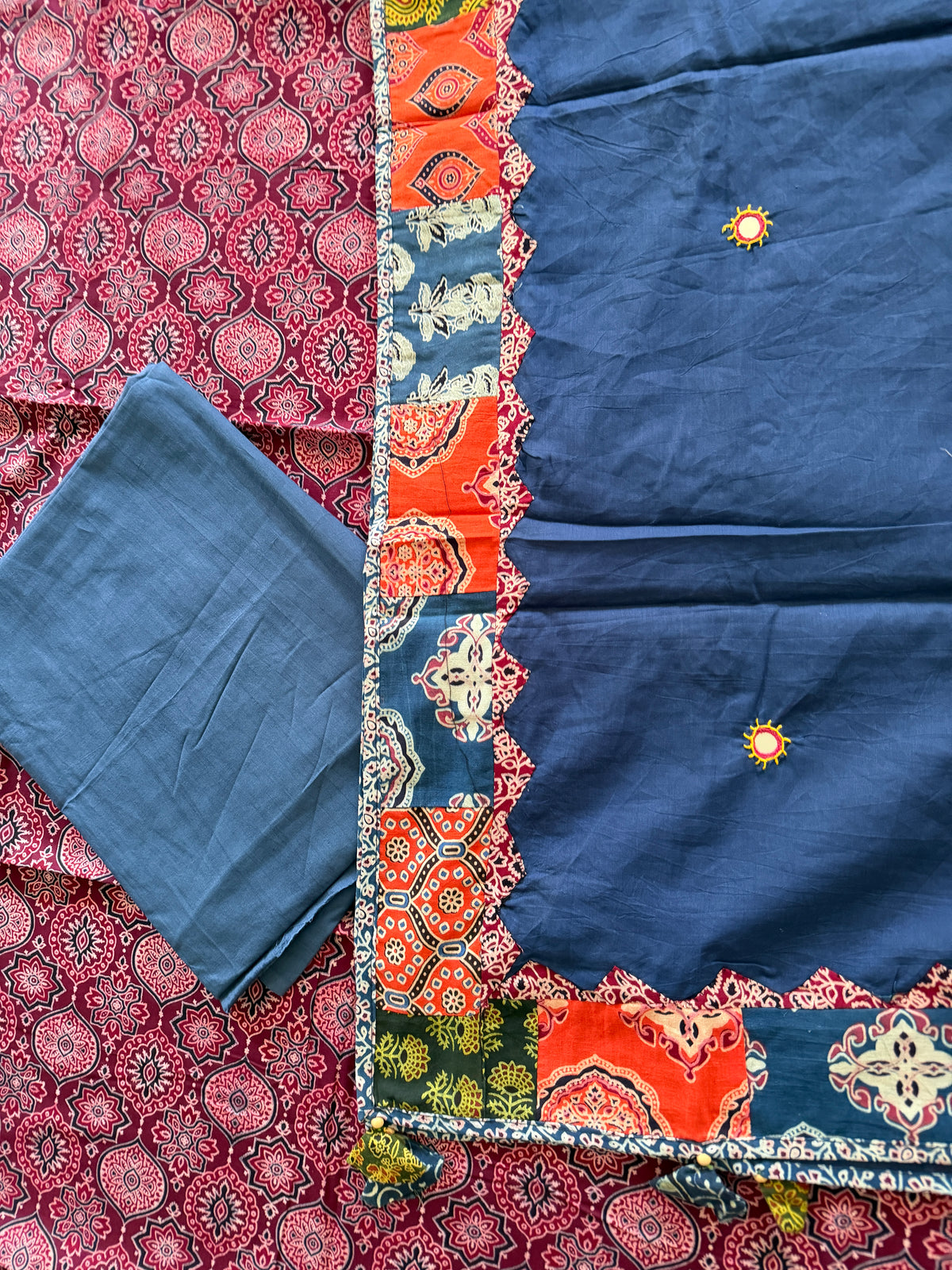 Abhira Blue Pink Patchwork-3 Piece Suit Set