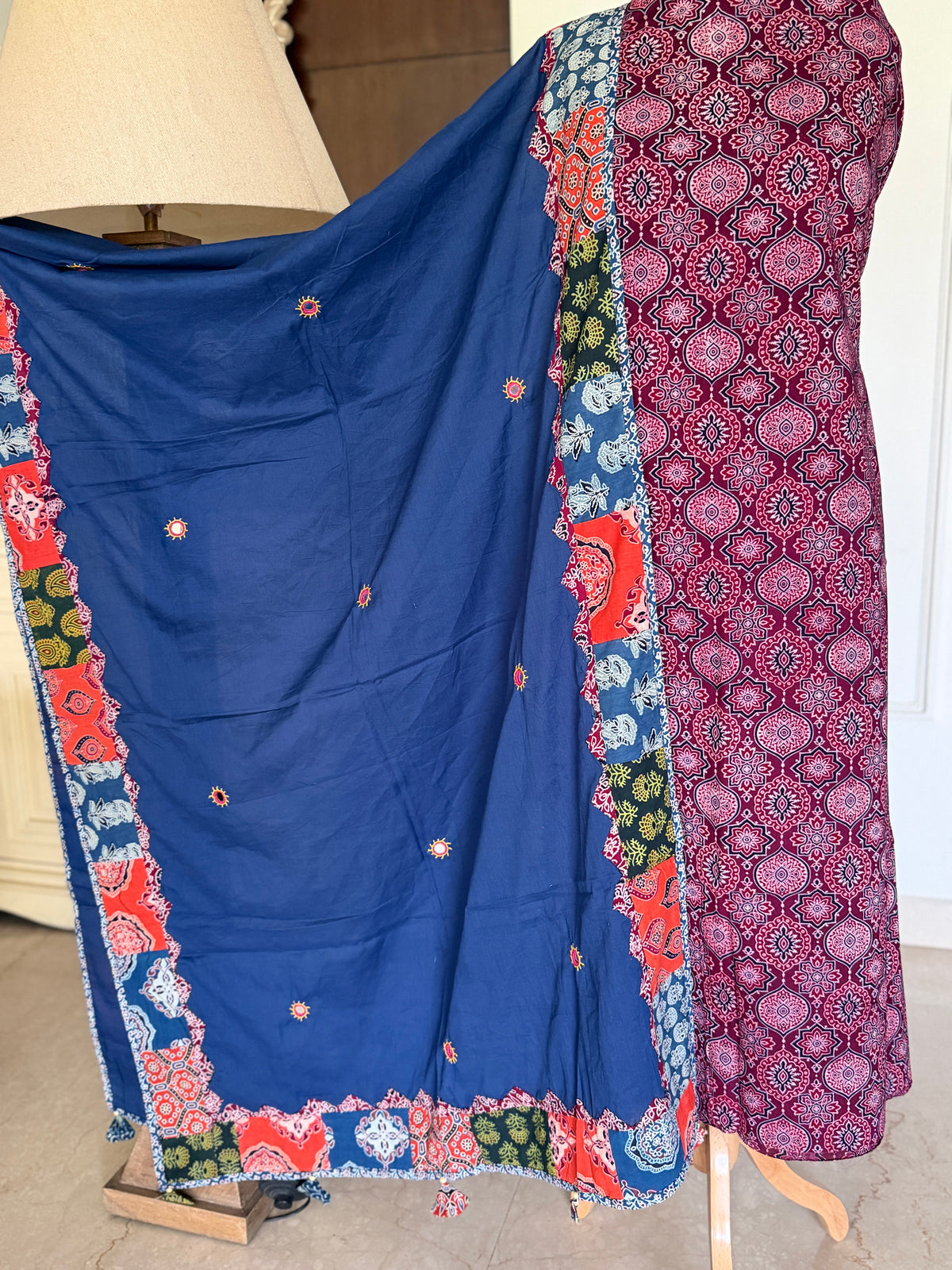 Abhira Blue Pink Patchwork-3 Piece Suit Set