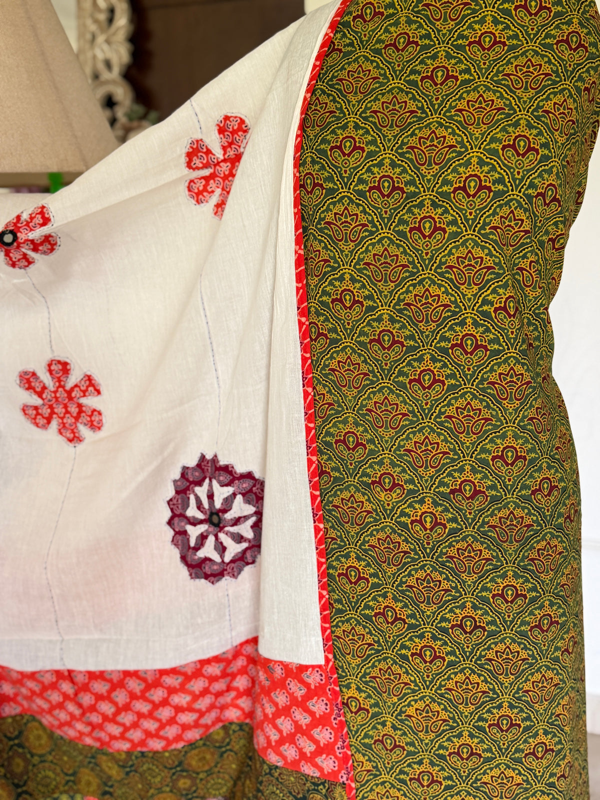 Abhira Green White Patchwork-3 Piece Suit Set