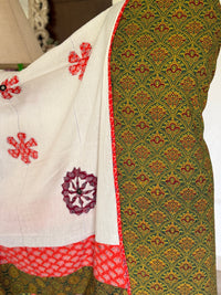 Abhira Green White Patchwork-3 Piece Suit Set