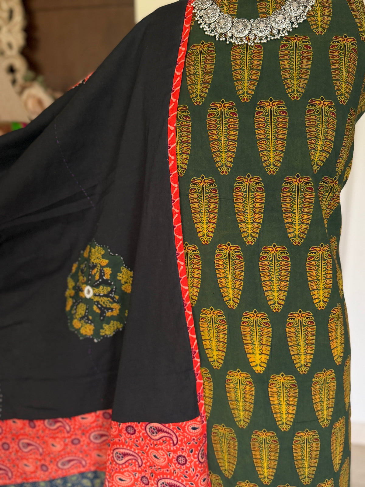 Abhira Green Black Patchwork-3 Piece Suit Set