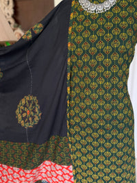 Abhira Green Black Patchwork-3 Piece Suit Set