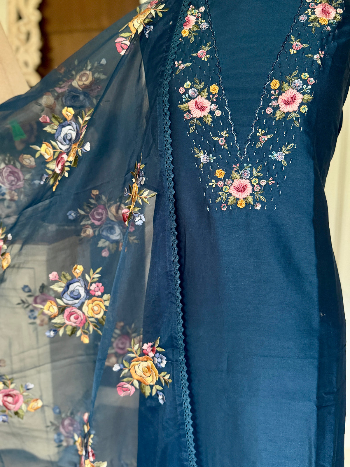 Blue Rose Petal Mul Chanderi-3 Piece Suit Set