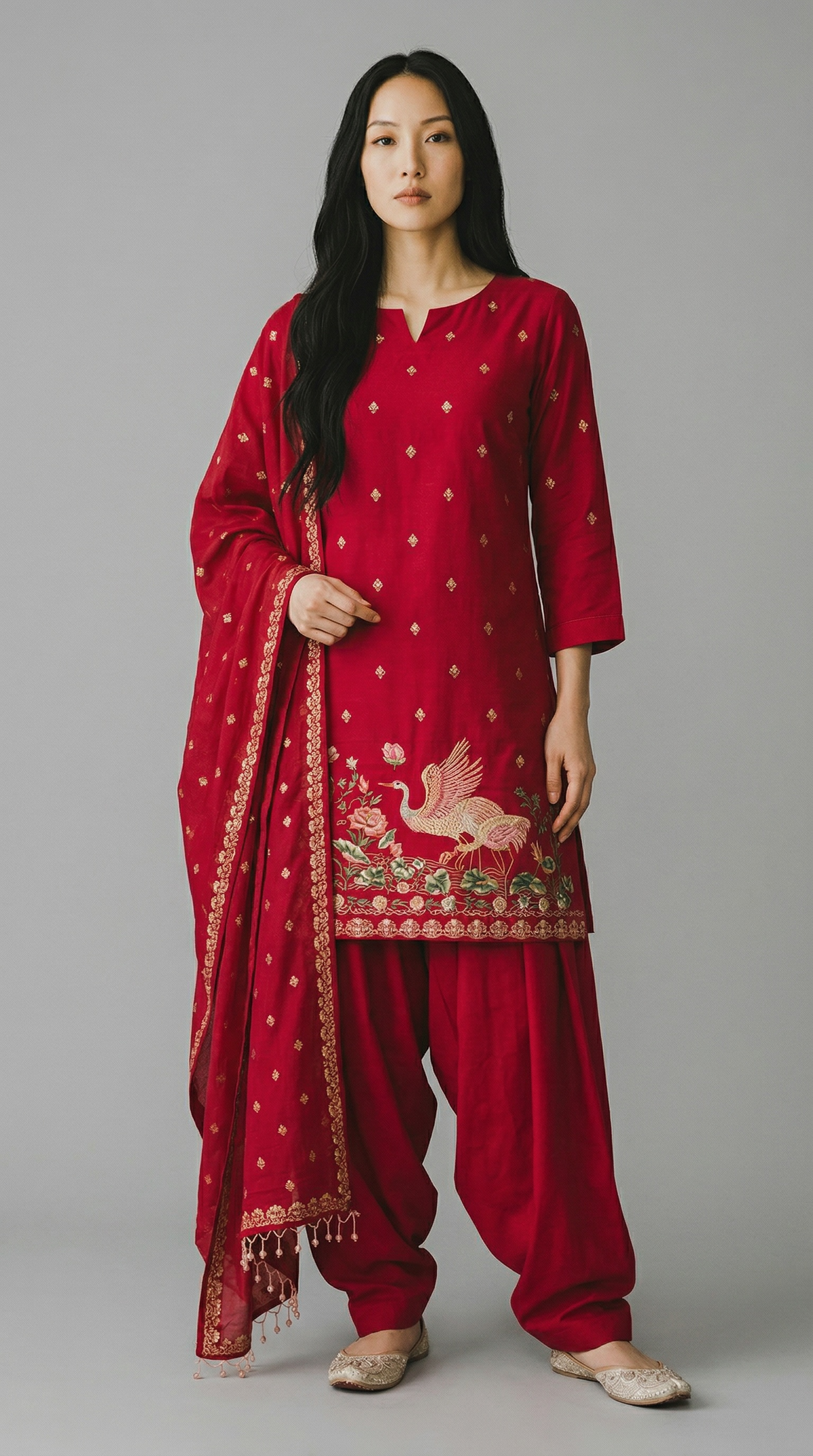 Cherry Red Crane- 3 Piece Suit Set
